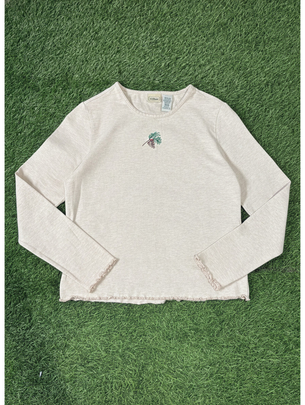 L.L.Bean Women's Long Sleeve Pinecone Embroidered Tee Cream Cotton S